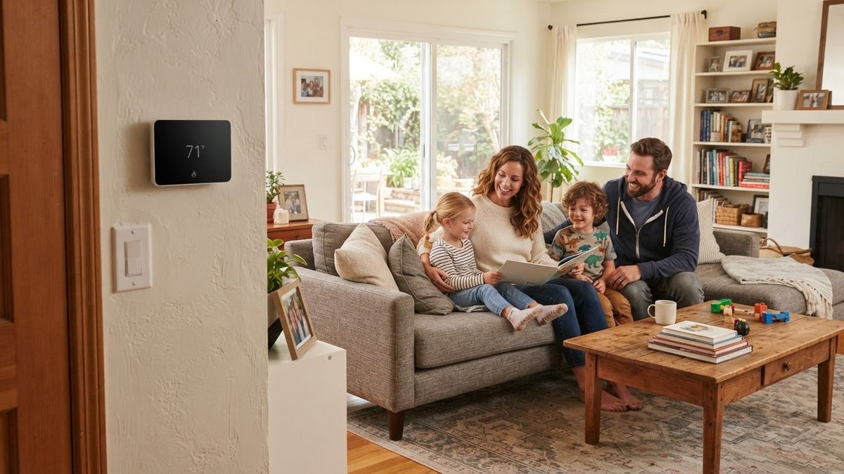 Family relaxing in a comfortable living room with a smart thermostat